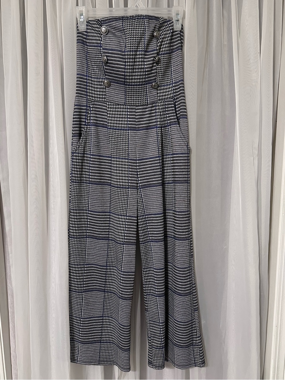 Perseption Concept Strapless Crop Pantsuit Black Blue Houndstooth Size M